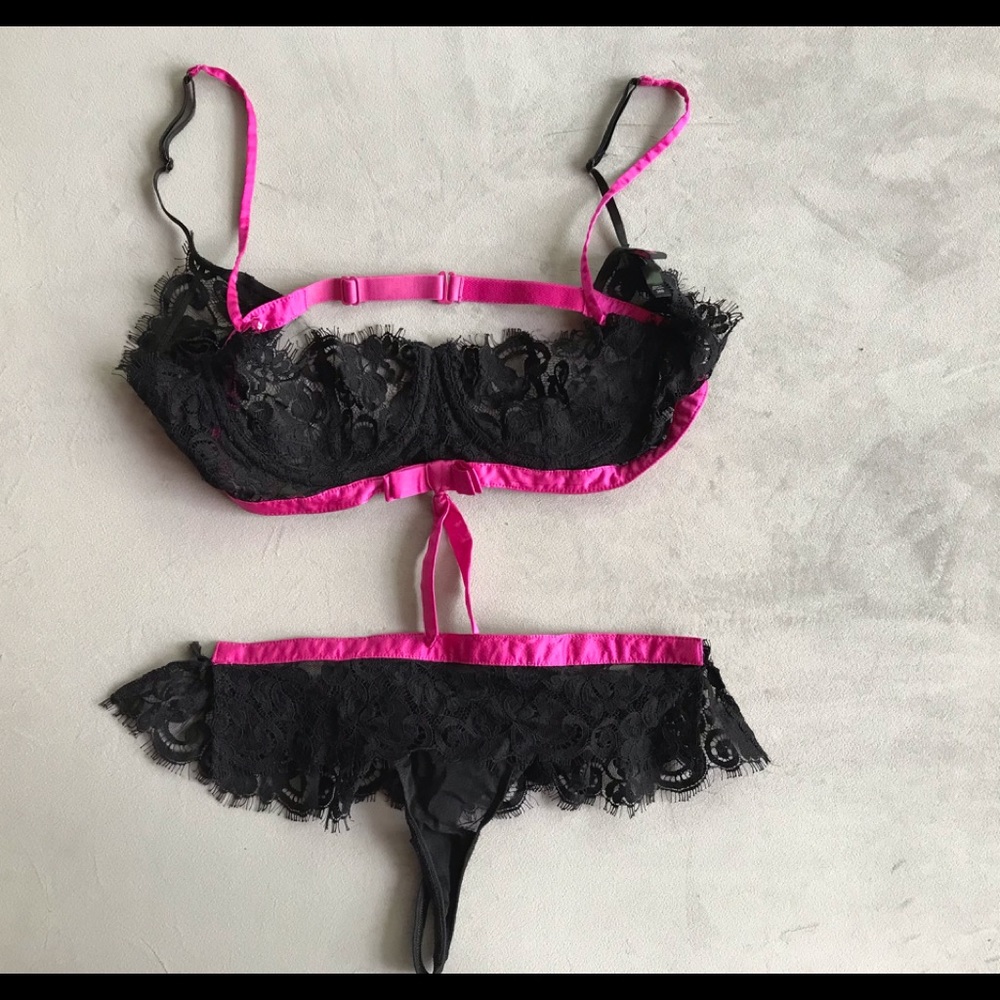 Hot Pink Satin/Black Lace Demi Bra, Matching Thong